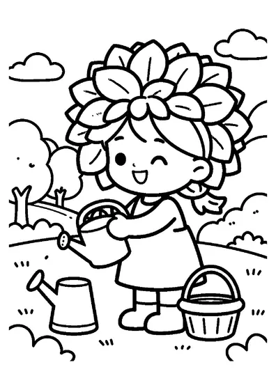 Une fille souriante arrose de grands dahlias qui poussent le long d’une allée de jardin.