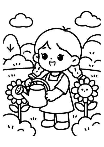A smiling girl watering tall sunflowers in a garden filled with plants.