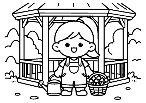 A girl with a watering can and a basket of lily-of-the-valley flowers inside a wooden gazebo.