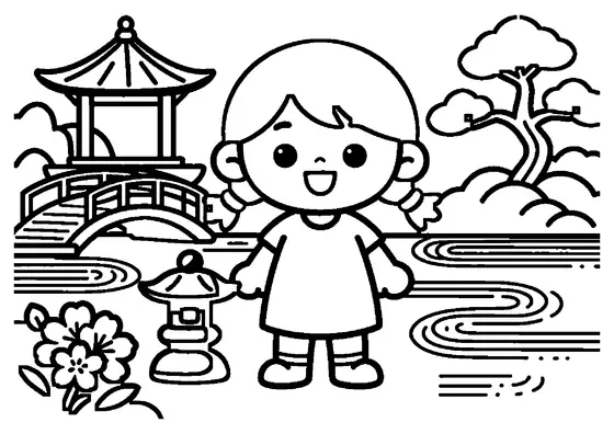 A girl beside a Japanese stone lantern and a flowering azalea bush.