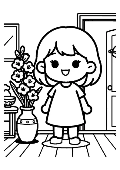 A girl standing beside a table with a tall vase filled with gladioli.