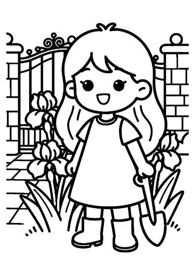 Una bambina con un nastro tra i capelli che ammira un gruppo di alti iris in giardino.