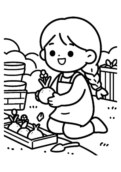 Coloriage d'une fillette plantant des scilles dans un jardin potager et fleuri en automne.