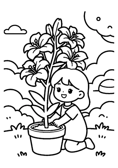 Une fille plante de grands lys près d’un large pot et d’un sac de terreau dans le jardin.