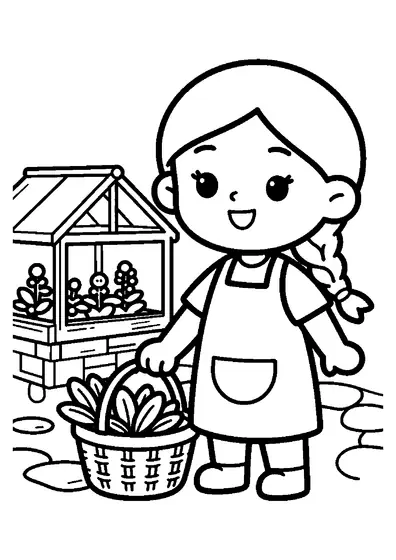 A girl cutting fresh sage and placing it in a basket in an herb garden.