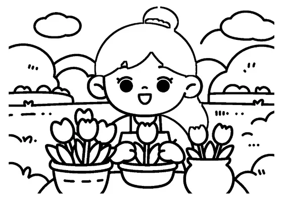 A girl with a ponytail arranging a bouquet of tulips on a garden table.