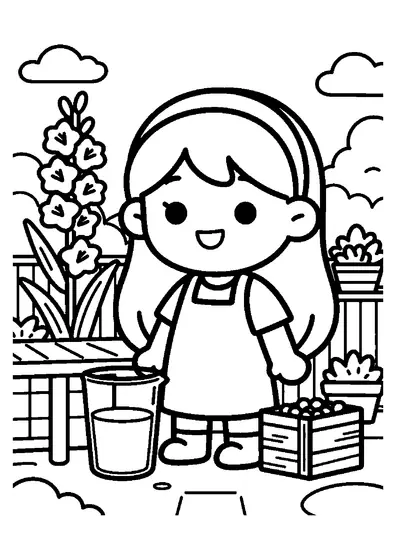 Une fille portant un bandeau dispose de grands glaïeuls dans une caisse en bois pour compositions florales.