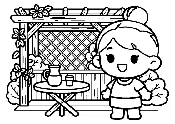 A girl on a wooden gazebo porch beside flowering clematis vines.