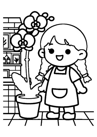 A girl with braids admiring a potted orchid in a flower shop.