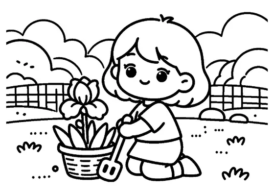 Une fille est agenouillée près de grands iris, avec un grand panier à fleurs à ses côtés.