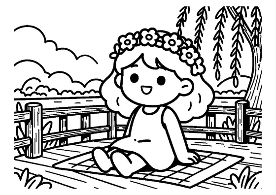 A girl sits on a wooden bridge over a river, holding a wreath made from cornflowers.