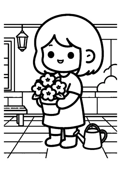 Coloriage représentant une fille avec un pot d'azalées sur une terrasse ensoleillée avec un mur en briques.