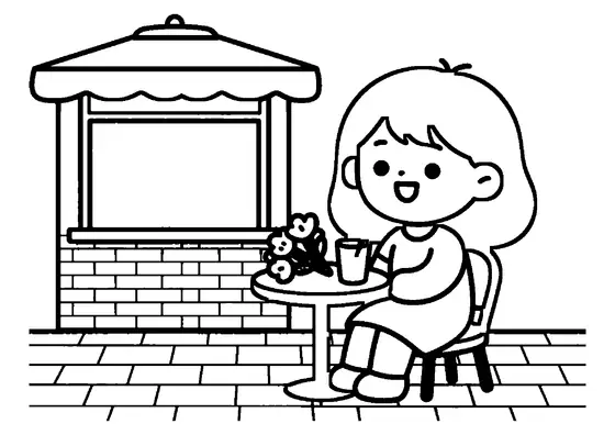 A girl drinking lemonade at an outdoor café table with a bouquet of freesias.
