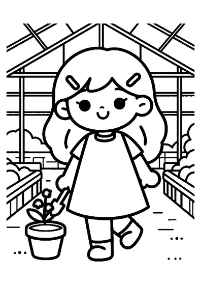 A girl in a sleeveless dress carries a pot of fragrant lily of the valley through a greenhouse.