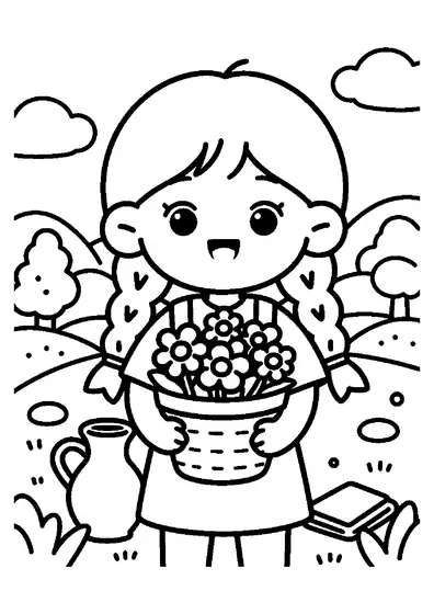 Une fille tient un large panier rempli de bleuets dans une prairie aux hautes herbes, devant des collines.