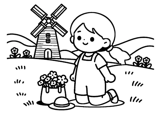 Coloriage avec une fille souriante qui cueille des renoncules devant un moulin à vent à la campagne.