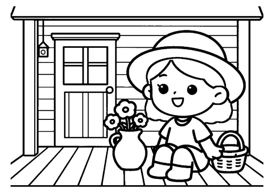 A girl sitting on a porch beside a pitcher filled with bright red poppies.