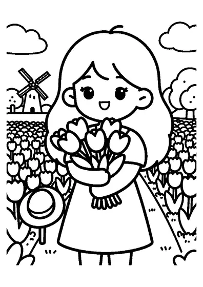 Une fille aux cheveux ondulés tient dans ses bras un grand bouquet de tulipes fraîchement coupées.