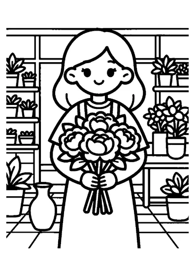 A smiling florist holding a large bouquet of peonies next to a table with a vase.
