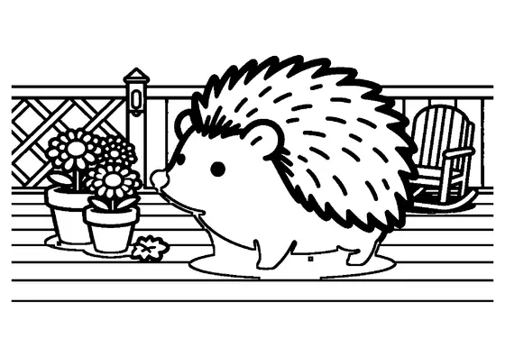 A hedgehog walking beside pots of blooming chrysanthemums on an autumn patio.