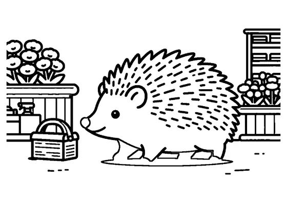 Igel neben einer Holzkiste mit gelben Adonisröschen in einem hellen Blumenladen.