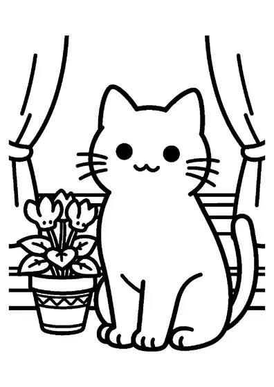 A cat sleeping on a windowsill beside a pot of blooming cyclamen flowers.