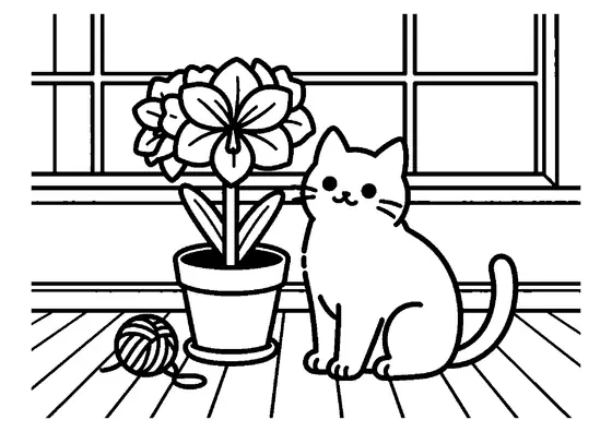 Un gatto soffice seduto accanto a un vaso di fiori di amarillide in una stanza soleggiata