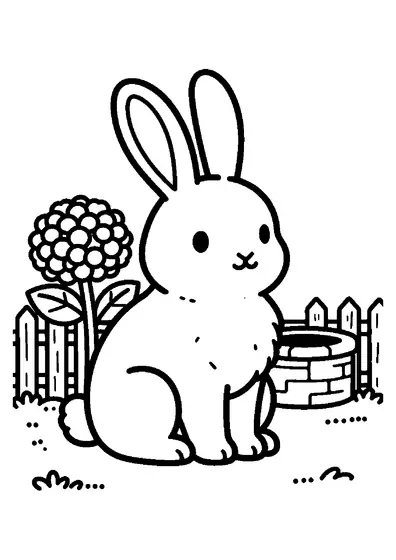 A fluffy rabbit crouching beside a blooming hydrangea bush near a wooden fence.