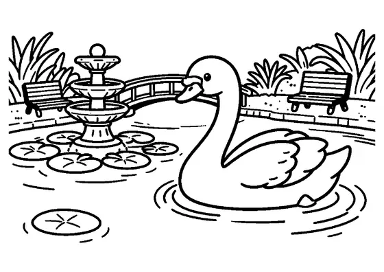 Schwan auf einem Teich mit Seerosen, einem Springbrunnen und einer Holzbrücke.