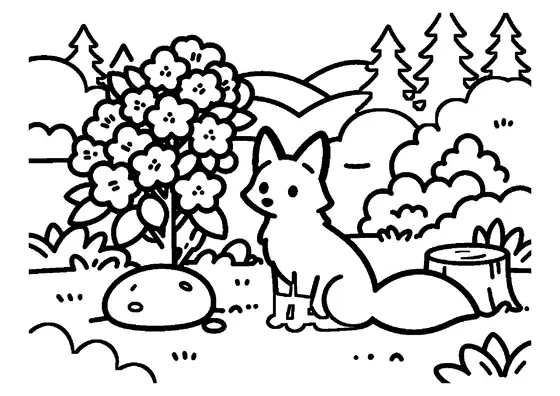 Coloriage avec un renard assis près de buissons de rhododendrons en fleurs dans un paysage de forêt.