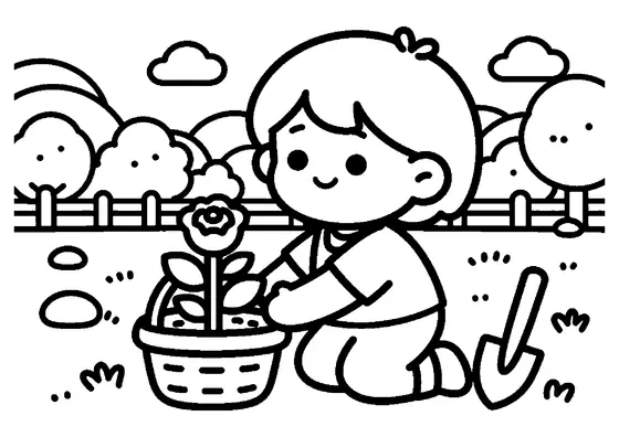 A young girl in an apron tending a large rose bush next to a basket.