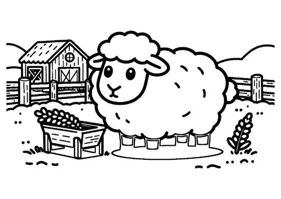 A fluffy sheep stands beside a country fence near tall stems of purple lupines.