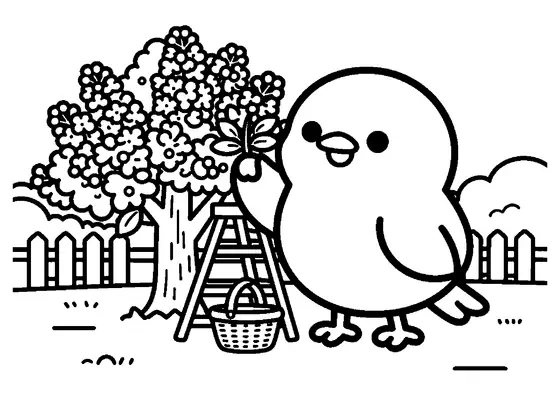 Coloriage d'un oiseau chantant sur une branche de lilas en fleurs, près d'une clôture en bois dans un jardin.