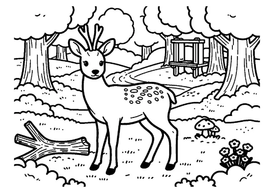 A roe deer in a woodland clearing filled with yellow anemones beside an old oak tree.