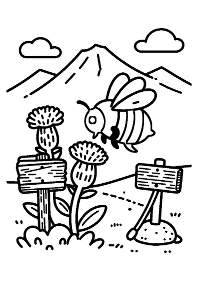 Coloriage avec un bourdon en vol au-dessus de chardons avec des sommets montagneux en arrière-plan.