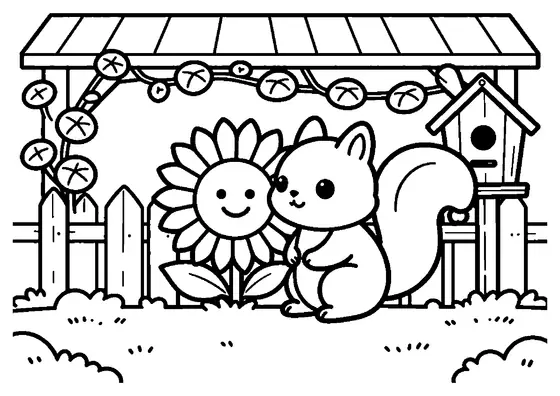 Coloriage avec un écureuil tout doux sur une clôture entourée de feuilles et de fleurs de capucine.