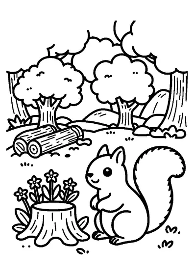 A squirrel sitting on a tree stump among blooming wood anemones in the forest.