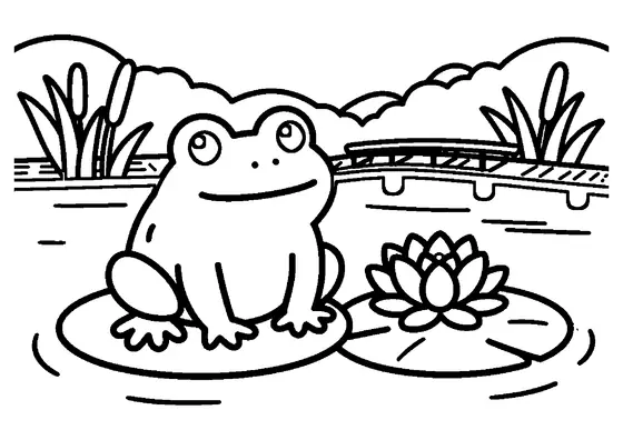 A frog sitting on a lily pad beside a blooming water lily in a pond.