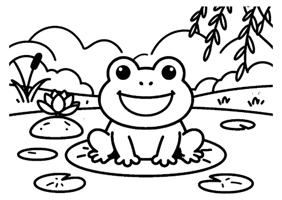 Une joyeuse grenouille verte est assise sur une feuille, près d’un nénuphar en fleurs dans un étang.