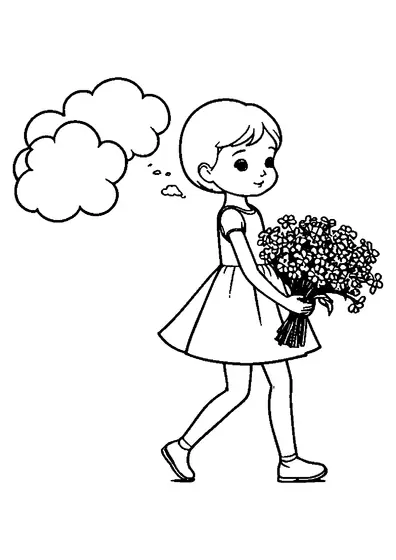 O păpușă drăgălașă care ține un buchet de flori de nu-mă-uita și are o bulă de gânduri deasupra capului.