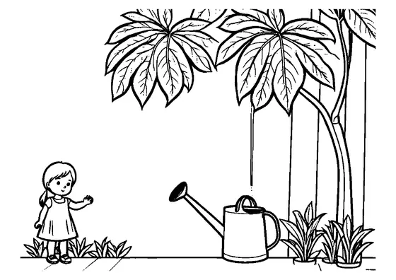 Una pequeña muñeca con vestido está sobre la hierba junto a una gran regadera y una planta de hojas enormes con espacios amplios para colorear.