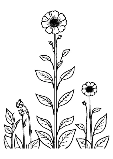 Una malva alta con grandes flores abiertas y hojas anchas ofrece muchos espacios despejados para que los niños coloreen con lápices.
