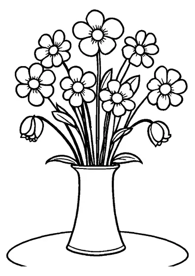 Ramo de flores en un jarrón sobre una mesa, con pétalos y superficies amplias que forman espacios ideales para colorear.