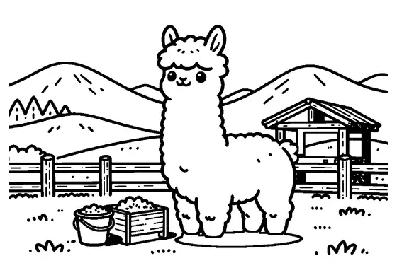 Una alpaca de abundante lana junto a un comedero de heno, con montañas y una valla al fondo.