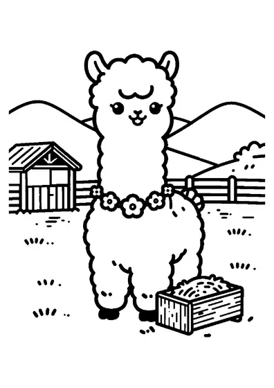 O alpaca pufoasă, purtând o coroniță de flori, stă lângă un jgheab din lemn într-un țarc de fermă.