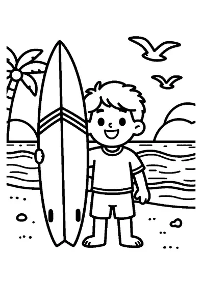 Planșă de colorat A4 cu un băiat care ține o placă de surf pe plajă.