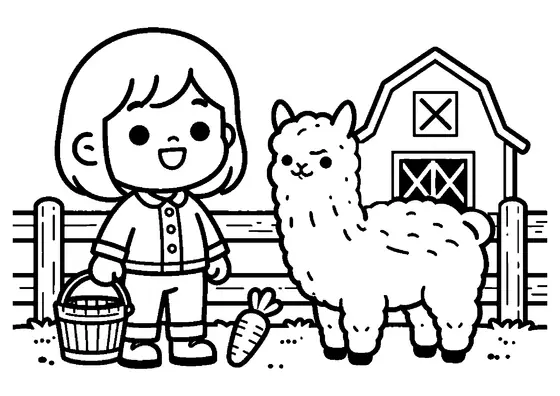 Una niña ofrece una zanahoria a una simpática alpaca junto a una cerca de granja.