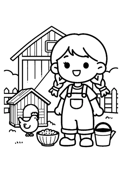 Una niña con peto y dos trenzas sostiene un cuenco de grano junto a un gallinero en el corral.