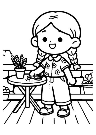 Una niña prepara un ramo de lavanda recién cortada sobre una mesa en el patio.