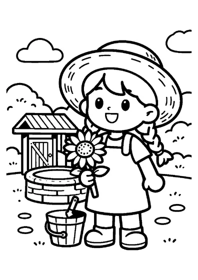 O fată cu pălărie de paie ține flori mari de floarea-soarelui lângă o fântână din piatră.